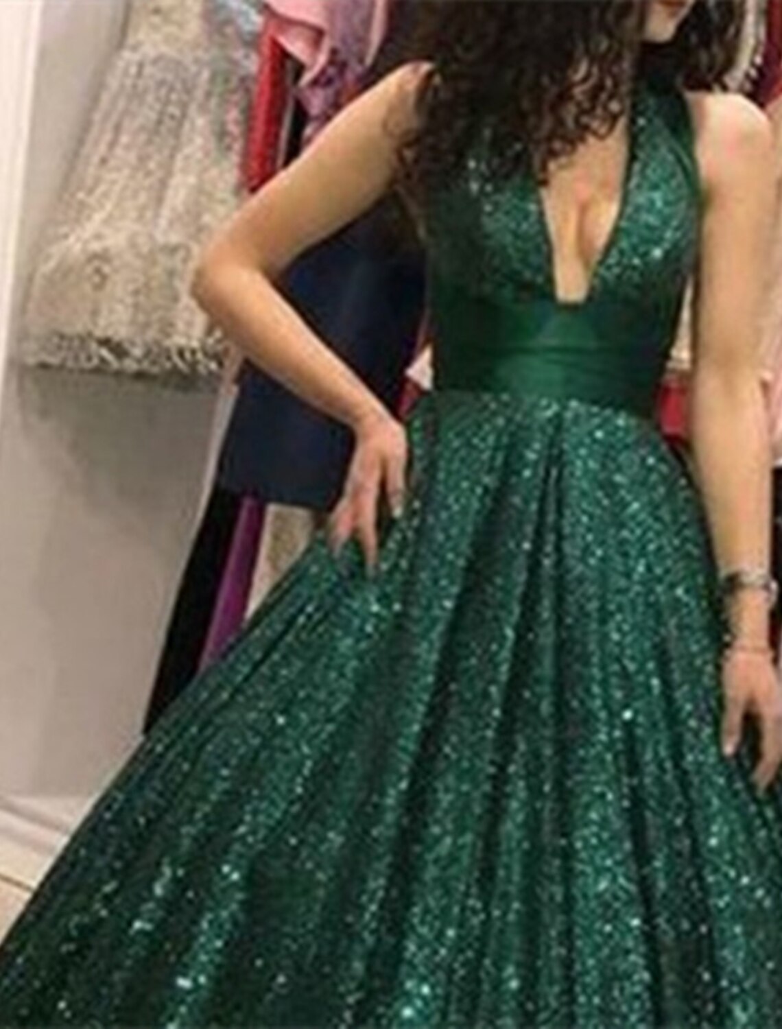 Ball Gown Prom Dresses Glittering Dress Wedding Party Birthday Floor Length Sleeveless V Neck Tulle with Sequin